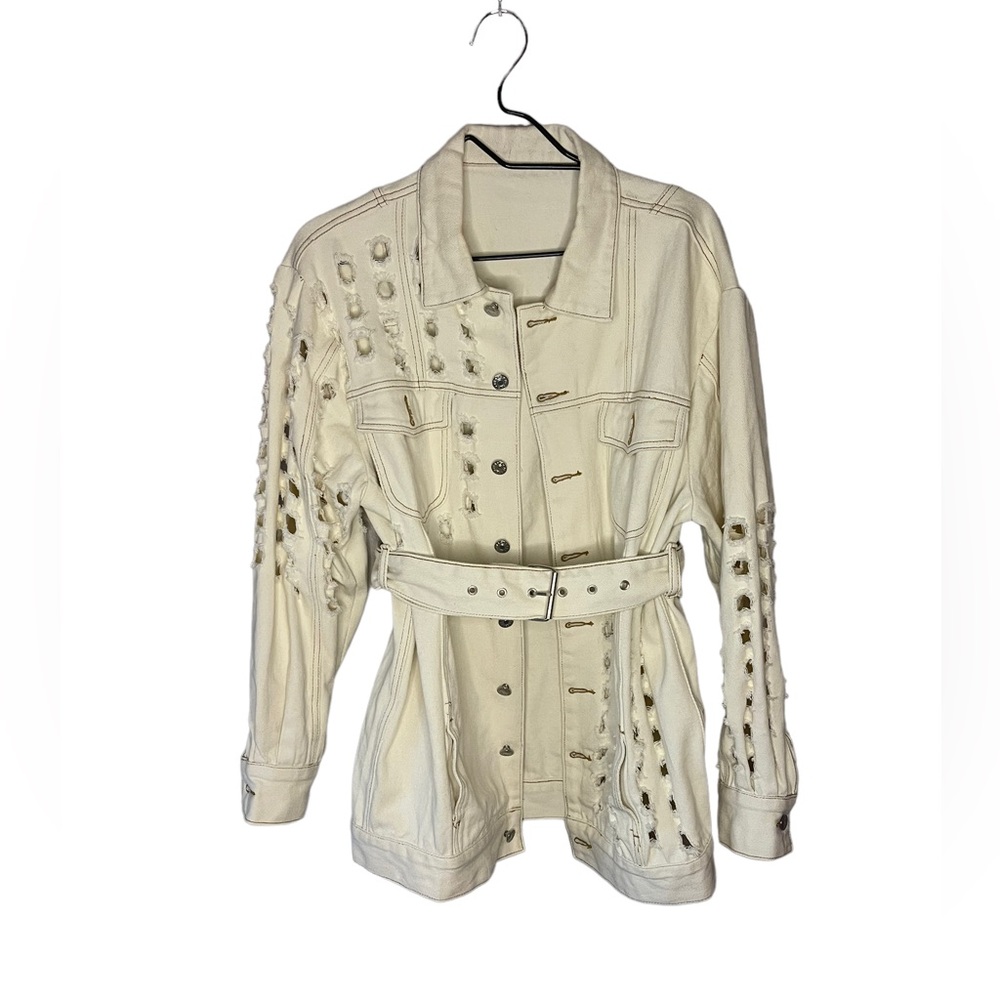 Distressed off white in color 100% cotton Jean jacket
